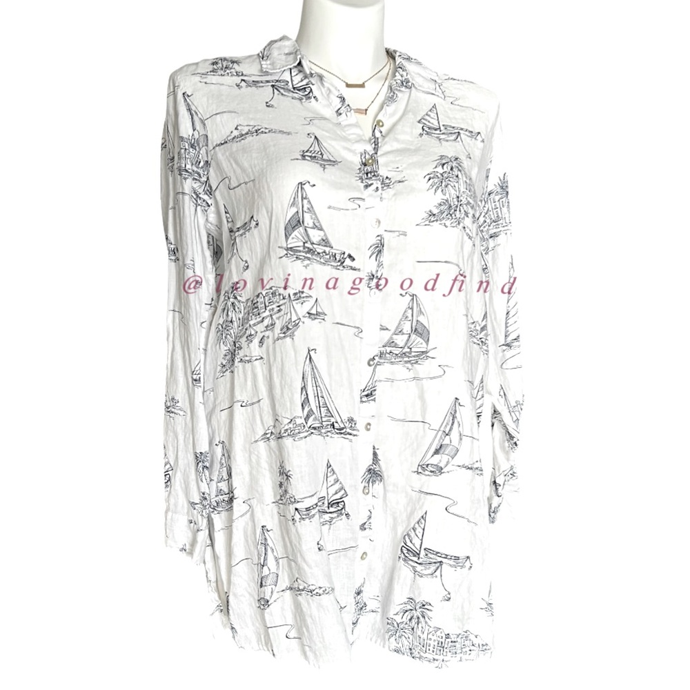 Cynthia Rowley White 100% Linen Sail Nautical Loose Fit Button Down Tunic EUC XL